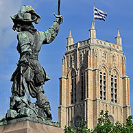 Statue of Jean Bart, naval commander and privateer and the belfry at Dunkirk / Dunkerque, Nord-Pas-de-Calais, France