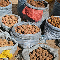 Potatoes for sale in large bags on market in Challapata, Altiplano, Bolivia