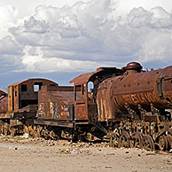 Rusty locomotive engines at cemetery of trains near Uyuni, Altiplano, Bolivia