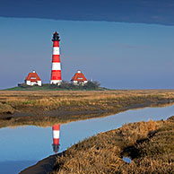 Lighthouse Westerheversand and sheep on salt marsh at Westerhever, North Frisia, Schleswig-Holstein, Germany
