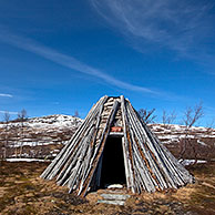 A goahti / kota, a Sami wooden hut on the tundra, Lapland, Sweden
