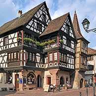 Colorful facade of timber framed house at Kaysersberg, Alsace, France 